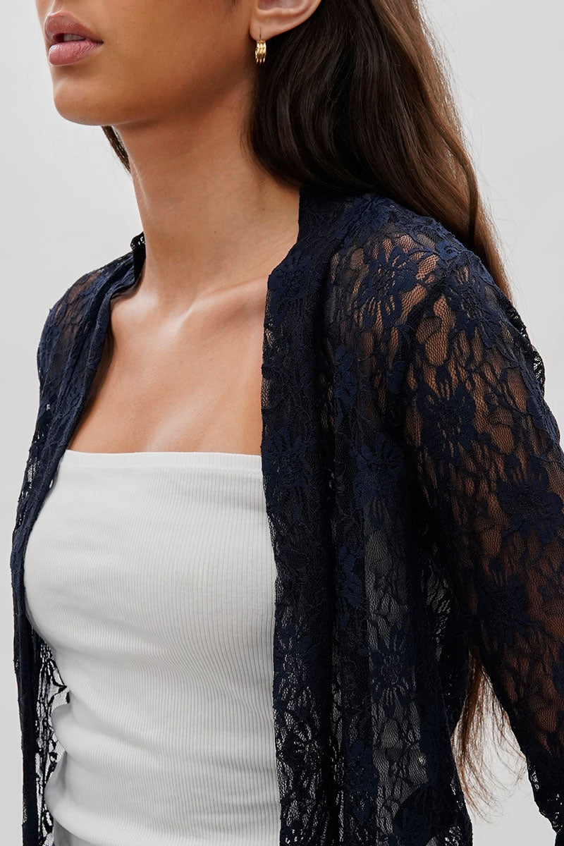 Impress Floral Lace Shrug Cardigan - Navy - Womens Cardigans - Fairweather