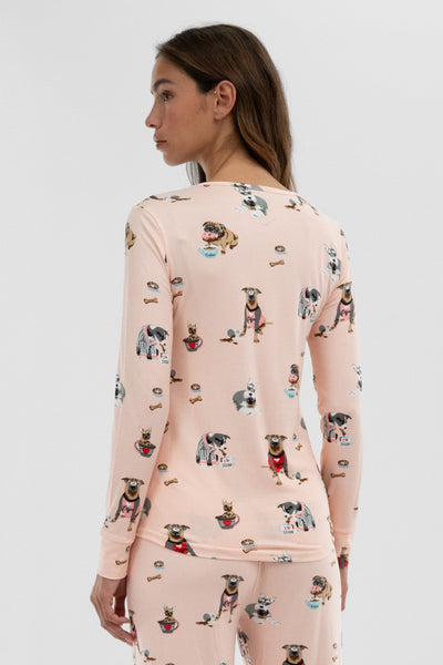 Canada Weather Gear Dog Print Henley Pajama Top - Blush - Womens Pajamas - Fairweather