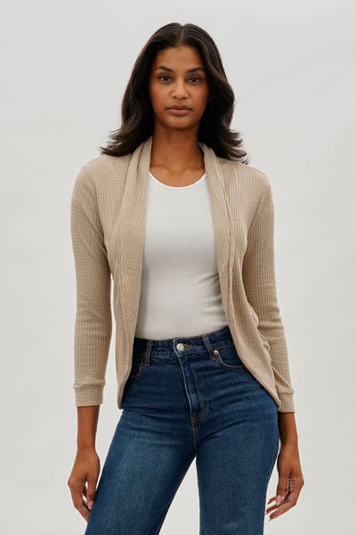 Fahrenheit Waffle Knit 3/4 Sleeve Cardigan - Beige - Womens Cardigans - Fairweather