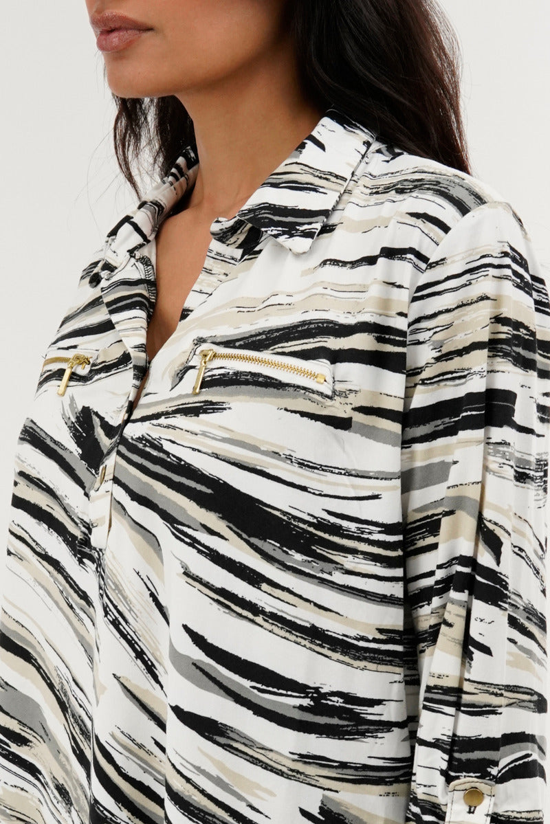 International INC Company Patterned Roll Up Sleeve Blouse - White - Womens Shirts & Blouses - Fairweather