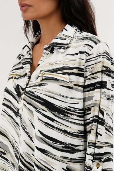 International INC Company Patterned Roll Up Sleeve Blouse - White - Womens Shirts & Blouses - Fairweather
