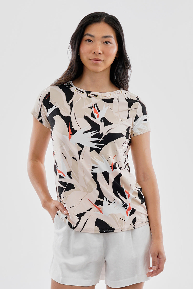 Beechers Brook Feather Print Grommet Neck Detail Tee - Black - Womens Tees & Tank Tops - Fairweather