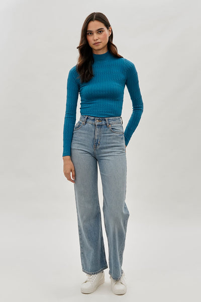 International INC Company Ribbed Mock Neck Long Sleeve Top - Blue - Womens Long Sleeve Tops - Fairweather
