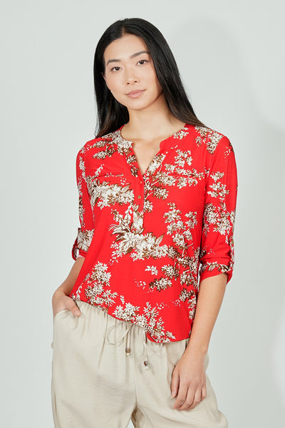 Beechers Brook Floral Roll Up Sleeve Henley Blouse - Red - Womens Shirts & Blouses - Fairweather
