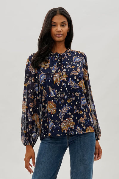 Beechers Brook Floral Tie-Neck Long Sleeve Blouse - Navy - Womens Shirts & Blouses - Fairweather