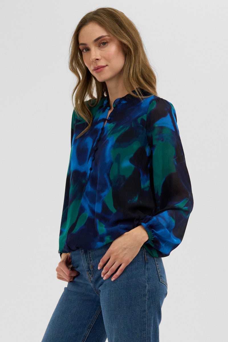 Costa Blanca Patterned Sheer Sleeve Blouse - Navy - Womens Shirts & Blouses - Fairweather