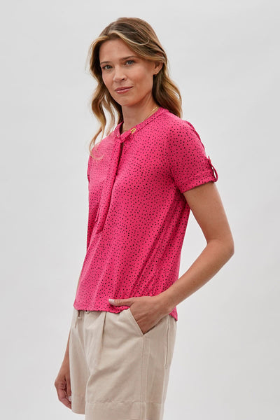 Beechers Brook Polka Dot Tie-Neck Short Sleeve Blouse - Pink - Womens Shirts & Blouses - Fairweather