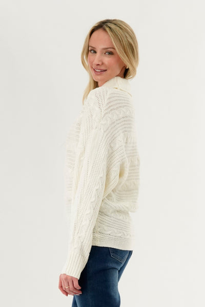 Beechers Brook Cable Knit Mock Neck Pullover Sweater - White - Womens Pullover Sweaters - Fairweather