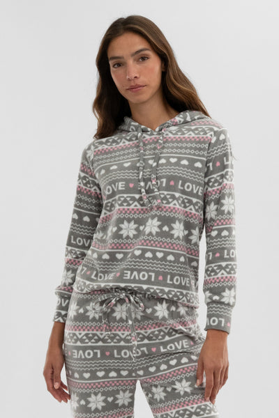Canada Weather Gear Festive Print Hooded Pajama Top - Grey - Womens Pajamas - Fairweather