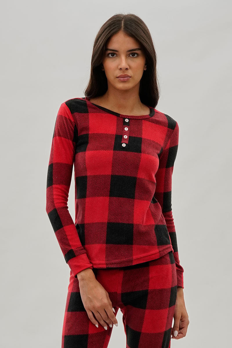 Canada Weather Gear Plaid Henley Pajama Top - Red - Womens Pajamas - Fairweather