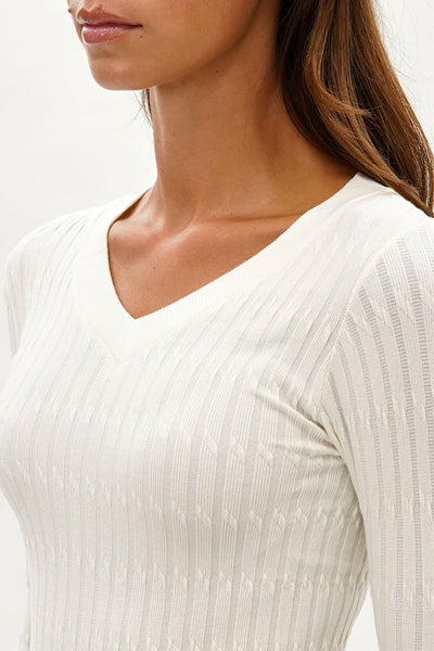 International INC Company Ribbed V-Neck Long Sleeve Top - White - Womens Long Sleeve Tops - Fairweather
