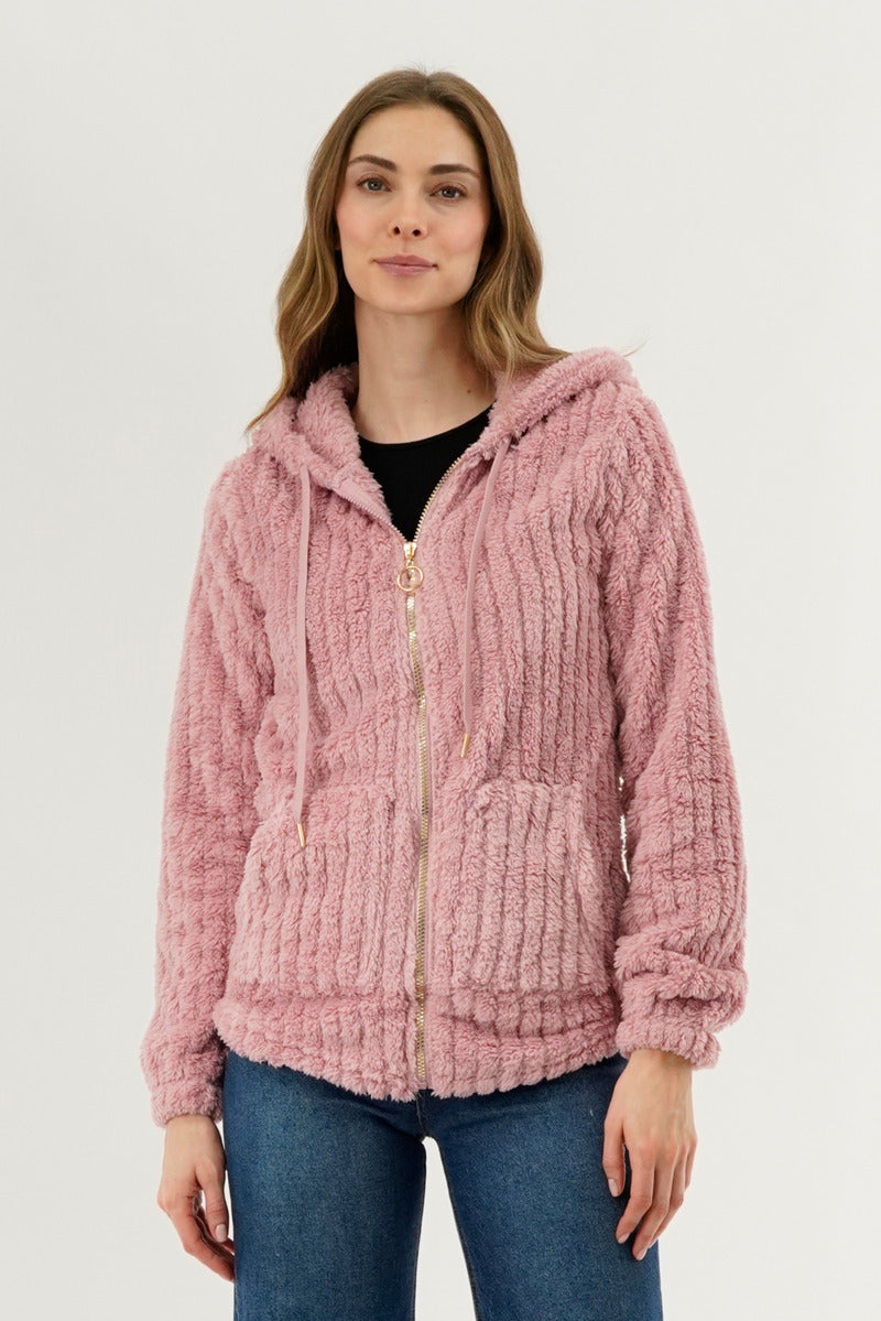 Fahrenheit Plush Hooded Zip Up Lightweight Jacket - Pink