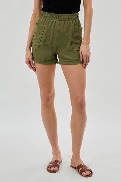 Stylexchange Vintage Textured Elastic Waist Shorts - Olive - Womens Shorts & Capris - Fairweather