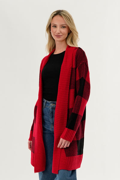 Canada Weather Gear Plaid Knit Fold Over Cardigan - Red - Womens Cardigans - Fairweather