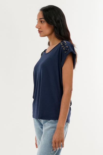 International INC Company Shoulder Lace Up Tee - Navy - Womens Tees & Tank Tops - Fairweather