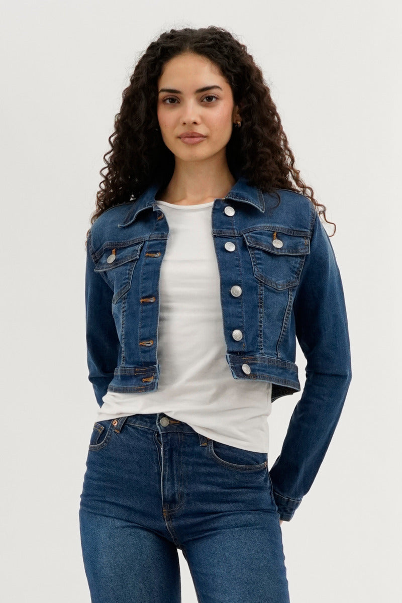 New Look Cropped Button Down Denim Jacket - Blue