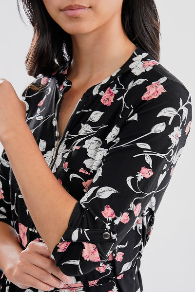 International INC Company Floral Tie Waist Half Zip Day Dress - Black - Womens Day Dresses - Fairweather