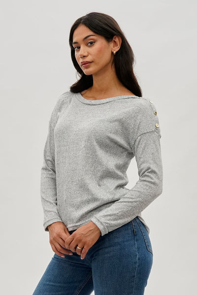 International INC Company Boat Neck Button Detail Pullover Sweater - Grey - Womens Pullover Sweaters - Fairweather