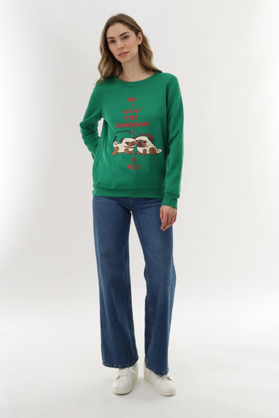 Festive Pugs Christmas Sweater - Green - Womens Christmas Sweaters - Fairweather