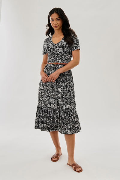 Beechers Brook Floral Belted Short Sleeve Midi Dress - Black - Womens Midi Dresses - Fairweather