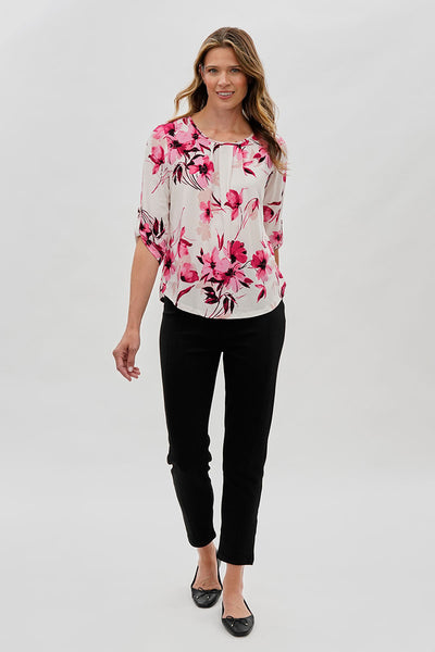 Beechers Brook Floral Roll Up Sleeve Blouse - White - Womens Shirts & Blouses - Fairweather