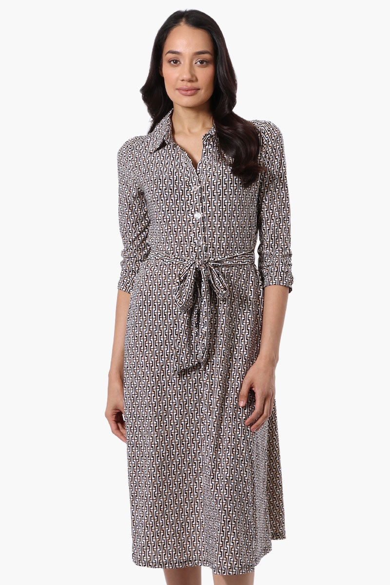 Beechers Brook Patterned Belted 3/4 Sleeve Midi Dress - Black - Womens Midi Dresses - Fairweather