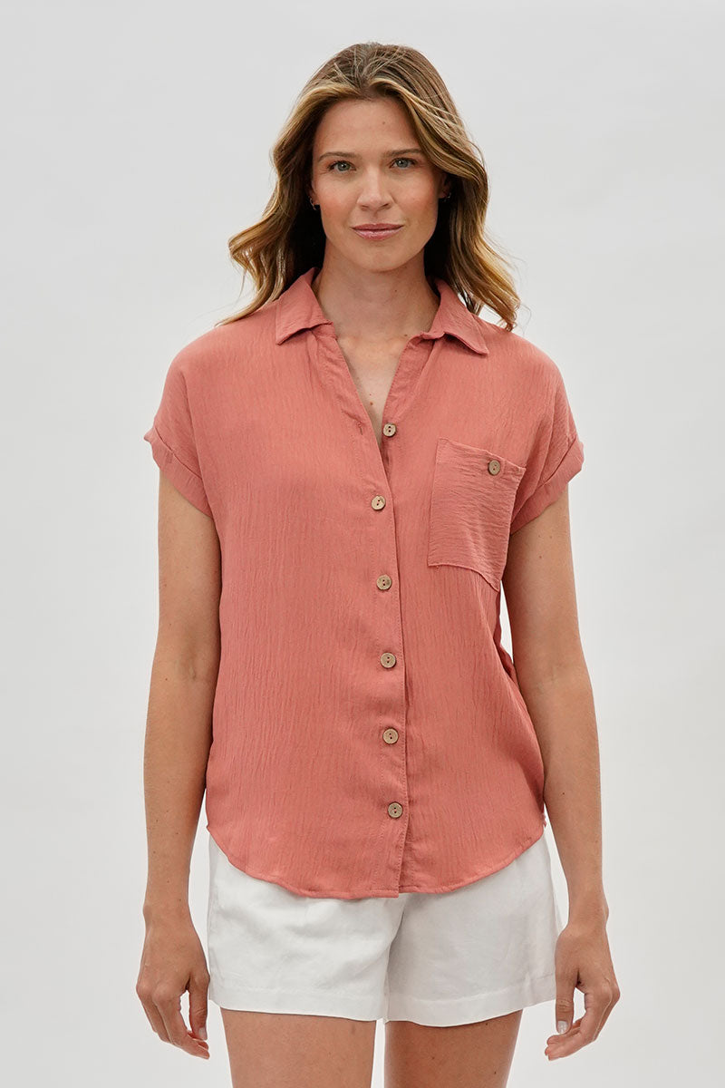 Sylexchange Vintage Short Sleeve Button Down Shirt - Coral - Womens Shirts & Blouses - Fairweather