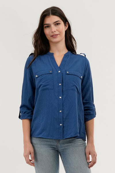 Runaway Bay Roll Up Sleeve Utility Pocket Blouse - Navy - Womens Shirts & Blouses - Fairweather