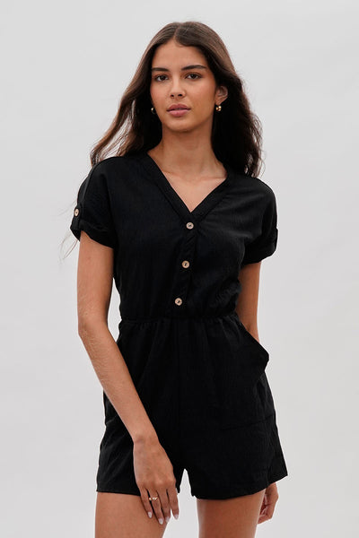 Stylexchange Vintage Back Tie Button Up Romper - Black - Womens Jumpsuits & Rompers - Fairweather