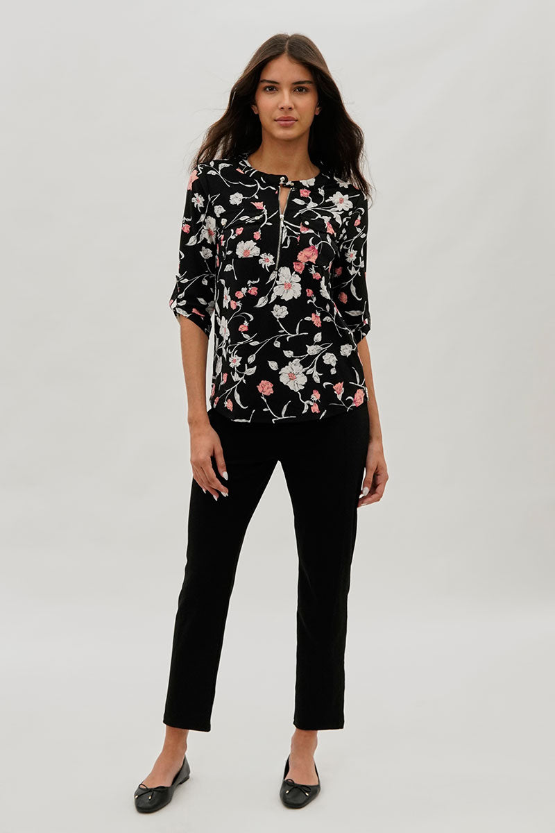International INC Company Floral Half Zip Blouse - Black - Womens Shirts & Blouses - Fairweather