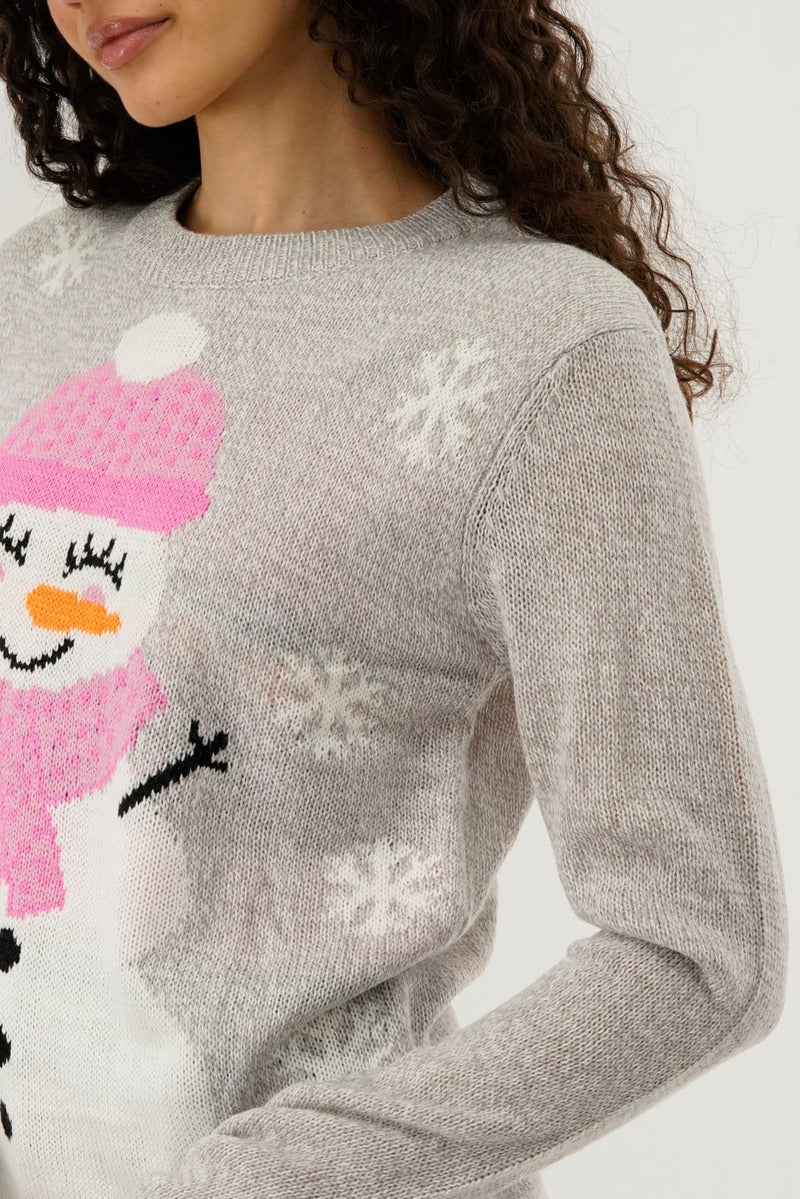 Festive Snowman Christmas Sweater - Grey - Womens Christmas Sweaters - Fairweather