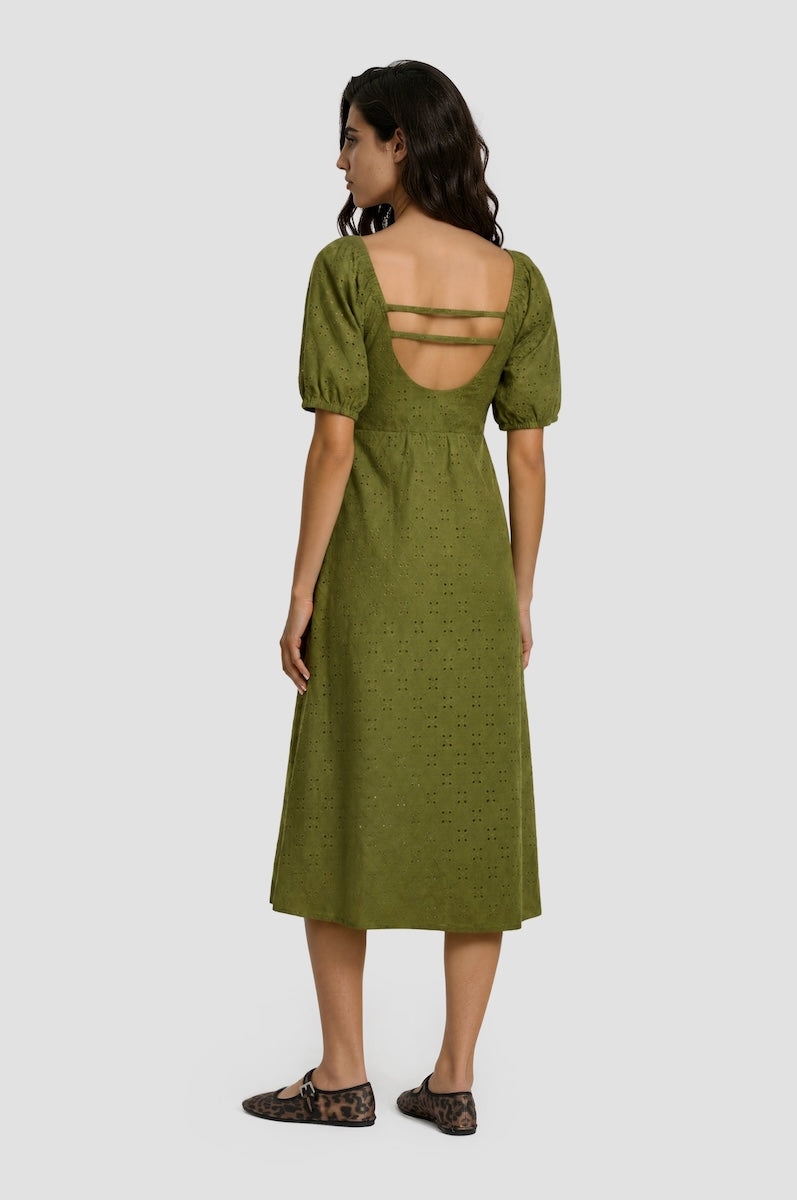 Puff Sleeve Smock Midi Dress - Green