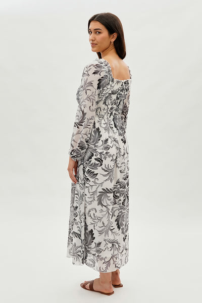 Costa Blanca Floral Smocked Long Sleeve Maxi Dress - Grey - Womens Maxi Dresses - Fairweather