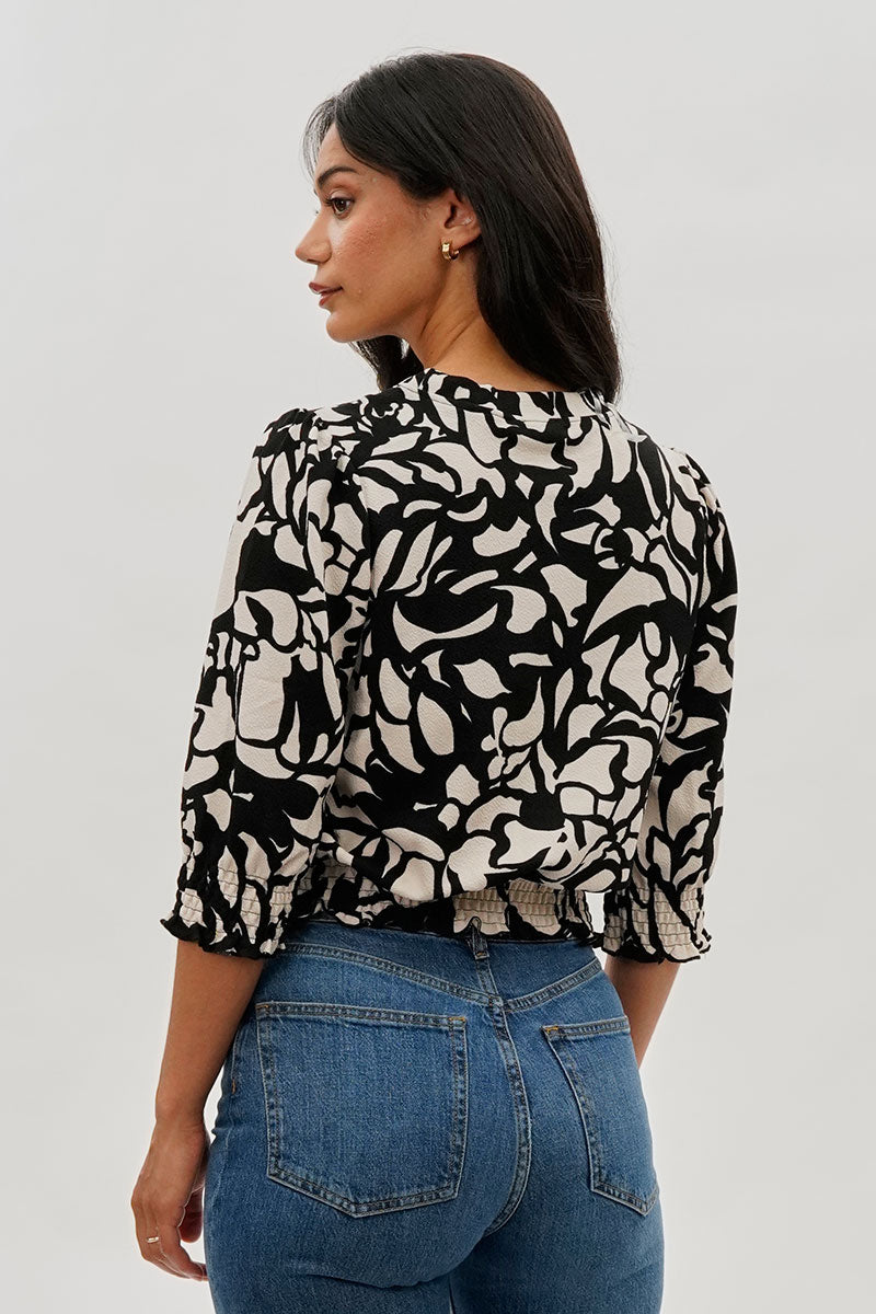 Runaway Bay Printed Smocked Hem Blouse - Black - Womens Shirts & Blouses - Fairweather