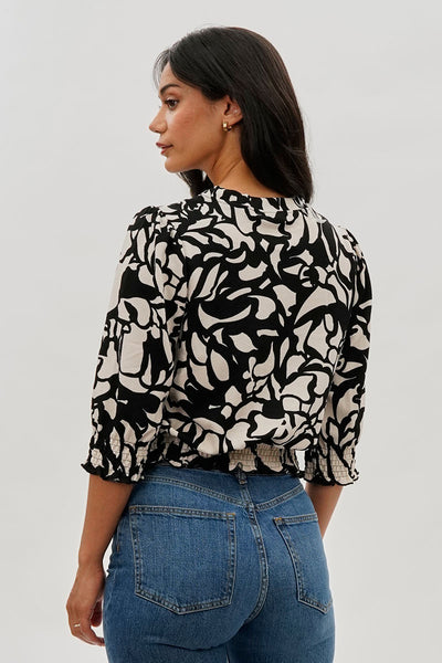 Runaway Bay Printed Smocked Hem Blouse - Black - Womens Shirts & Blouses - Fairweather