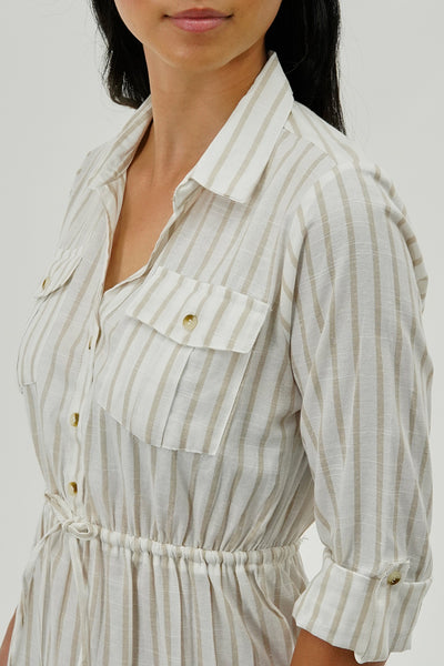 Beechers Brook Striped Roll Up Sleeve Day Dress - Beige