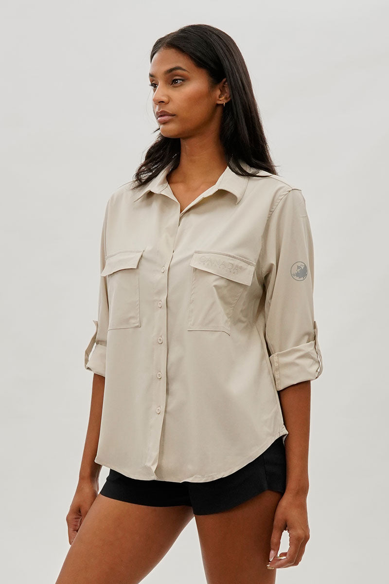 Canada Weather Gear Button Up Ripstop Utility Shirt - Beige - Womens Shirts & Blouses - Fairweather