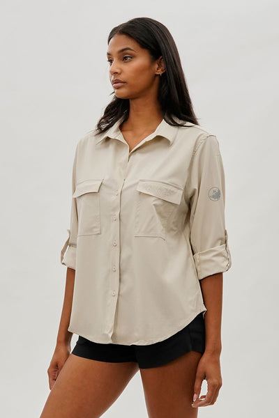 Canada Weather Gear Button Up Ripstop Utility Shirt - Beige - Womens Shirts & Blouses - Fairweather