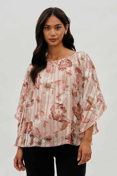Costa Blanca Floral Chiffon Cape Blouse - Pink - Womens Shirts & Blouses - Fairweather