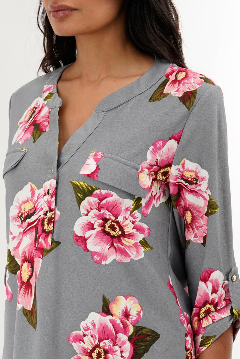 International INC Company Floral Split Neck Blouse - Grey - Womens Shirts & Blouses - Fairweather