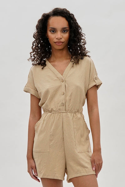 Stylexchange Vintage Back Tie Button Up Romper - Beige - Womens Jumpsuits & Rompers - Fairweather