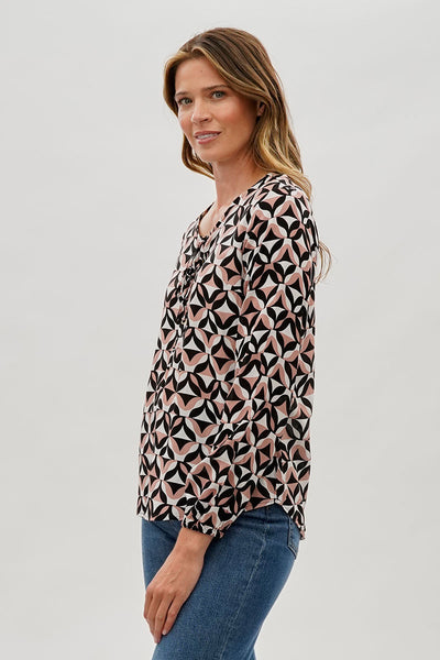 Beechers Brook Patterned Lace Up Blouse - Black - Womens Shirts & Blouses - Fairweather