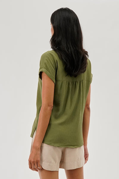Stylexchange Vintage V-Neck Short Sleeve Blouse - Olive - Womens Shirts & Blouses - Fairweather