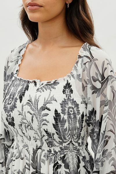 Costa Blanca Floral Smocked Long Sleeve Maxi Dress - Grey - Womens Maxi Dresses - Fairweather
