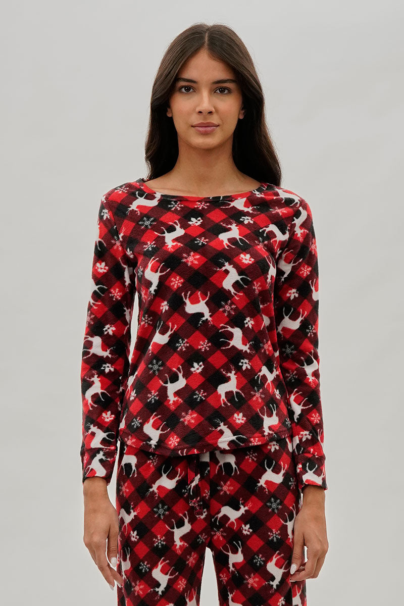 Canada Weather Gear Festive Print Crewneck Pajama Top - Red - Womens Pajamas - Fairweather