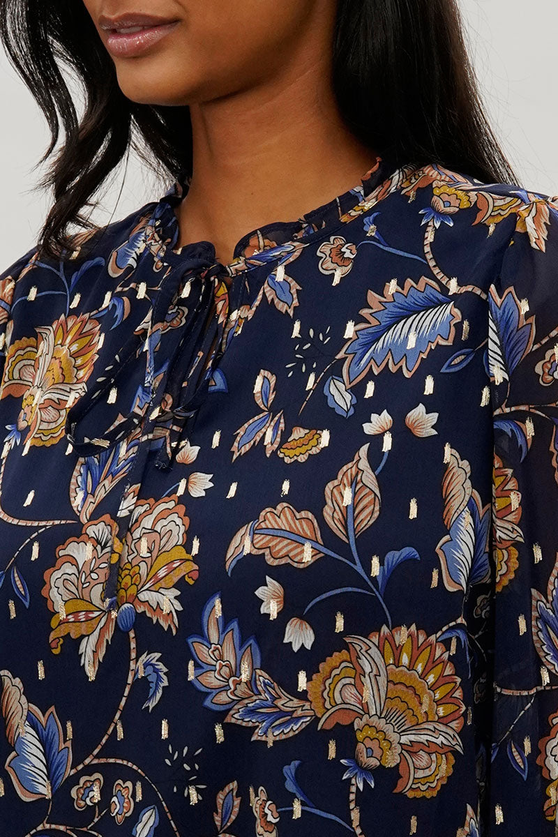 Beechers Brook Floral Tie-Neck Long Sleeve Blouse - Navy - Womens Shirts & Blouses - Fairweather