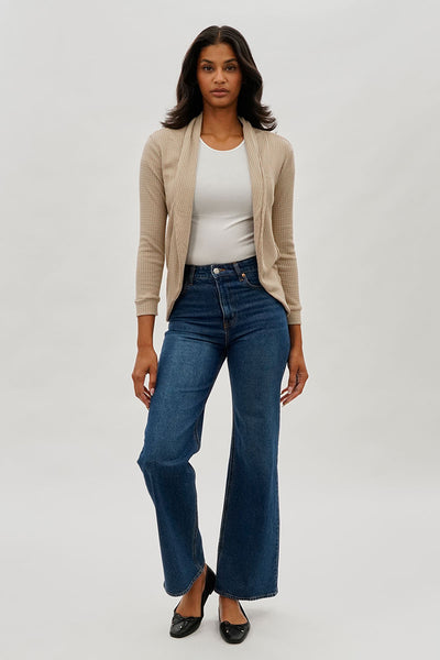 Fahrenheit Waffle Knit 3/4 Sleeve Cardigan - Beige - Womens Cardigans - Fairweather