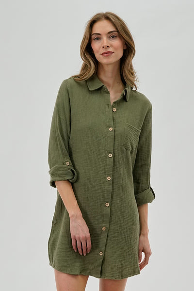 Impress Button Up Day Dress - Olive - Womens Day Dresses - Fairweather