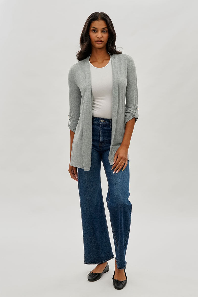 Open Front Roll Up Sleeve Cardigan - Grey