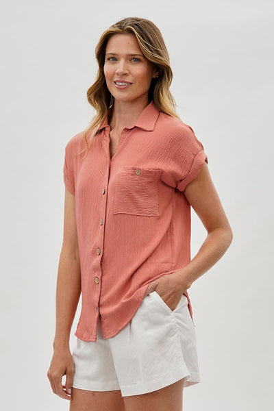 Sylexchange Vintage Short Sleeve Button Down Shirt - Coral - Womens Shirts & Blouses - Fairweather